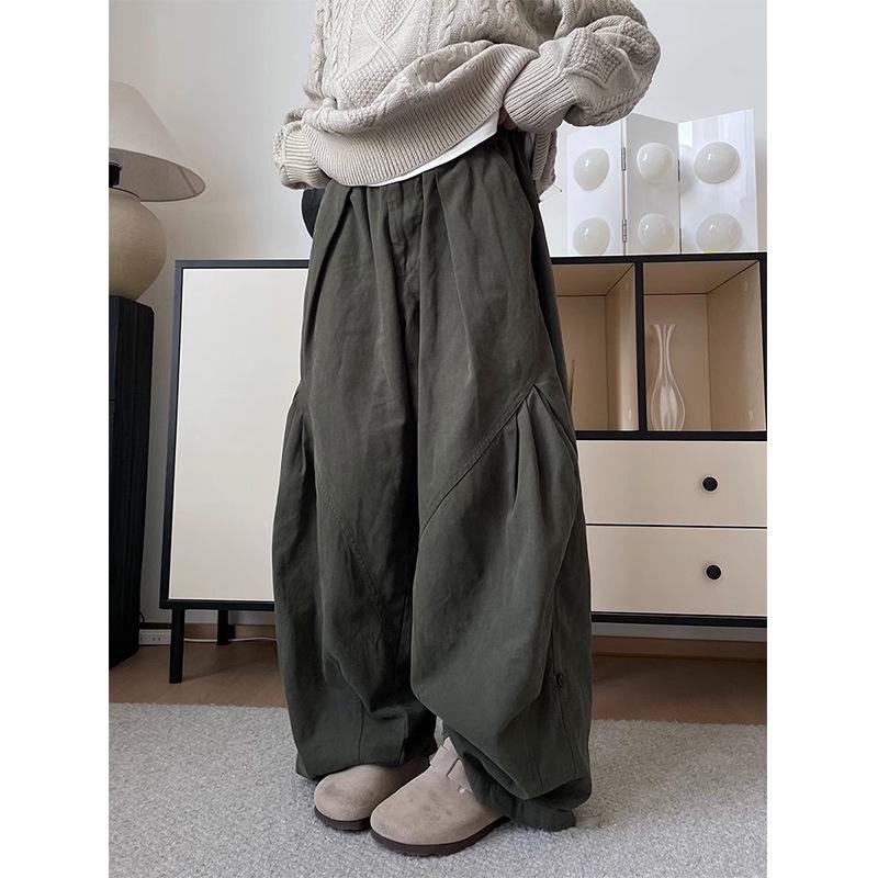 Unisex Japanese Style Coffee Pleated Wide-Leg Workwear Pants