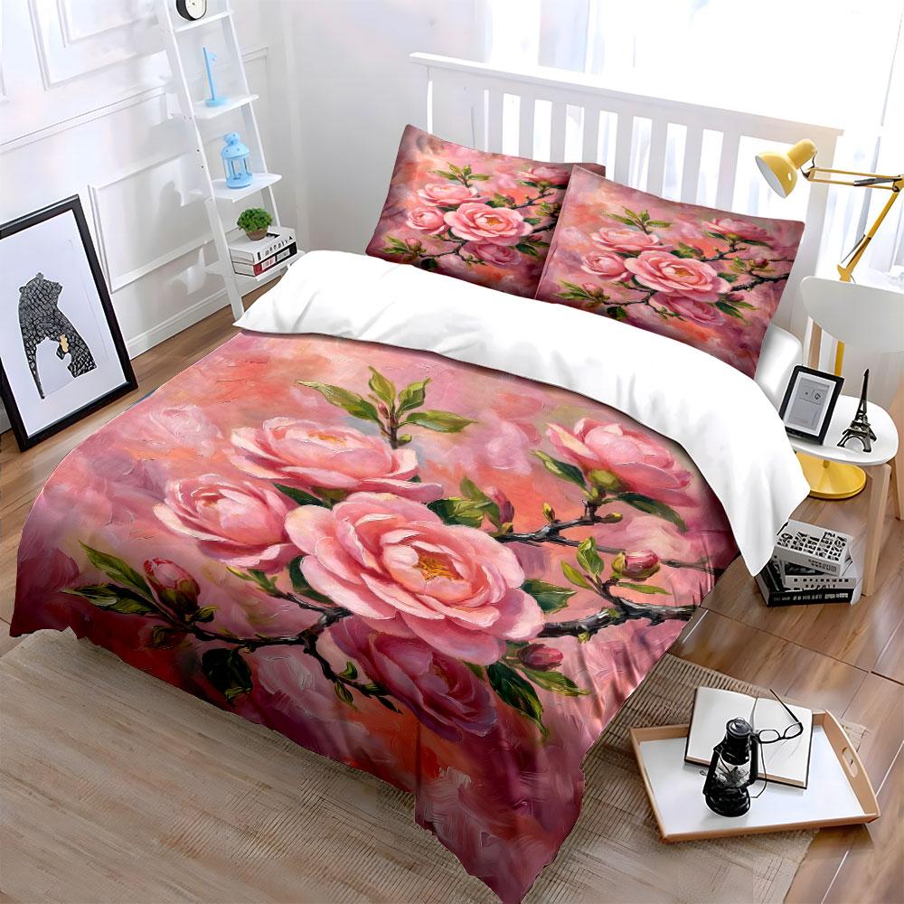 Pink roses with branches. Bedding sets Duvet cover sets Duvet covers Pillowcases(1 * Duvet Cover 2 * Pillowcases, without duvet insert)