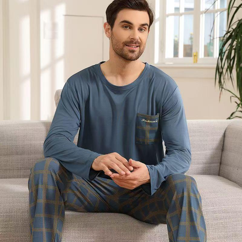 Herren Antibakterieller Langarm Pyjama Set - Rundhals, Lässig, Zweiteilig, für Frühling/Herbst/Winter.
