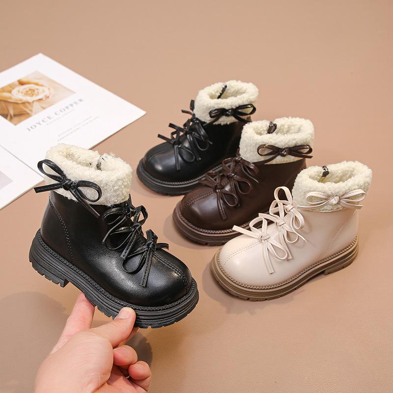 Girls' Velvet 2025 Martin Boots Korean Version Bow Fluffy Short Boots Medium and Older Children's Cotton Boots Thick-soled Princess Style Boots