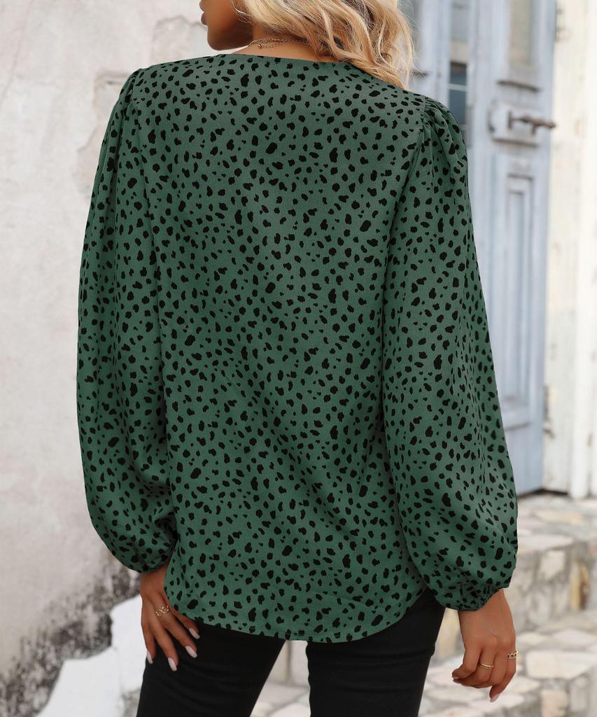 Women's 2024 Spring Leopard V-Neck Long Sleeve Commuting Top