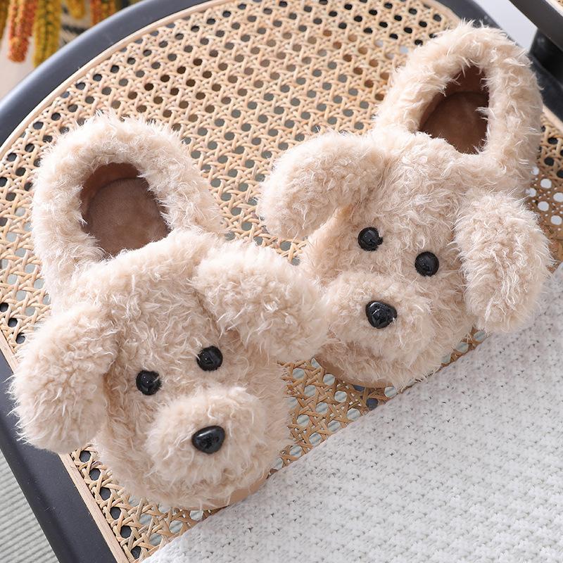 Fashion Winter House Warm Fur Slippers For Women Cute Dog Desginer Bedroom Flat Ladies Plush Shoes Indoor Cartoon Women Furry Slippers F