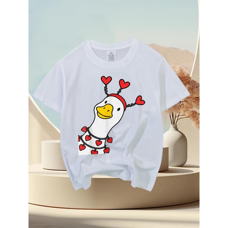 European sizes Boys & Girls Cute Goose Duck Valentines Day T-Shirt - Retro Short Sleeve Shirt with Goose & Duck Graphics, Round Neck Casual Top