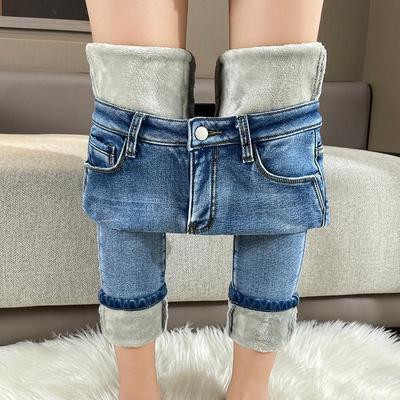 Damskie dżinsy skinny z wysokim stanem z pluszowym podszyciem, slim fit, elastyczne, pogrubione spodnie ołówkowe - styl jesień/zima 2023.