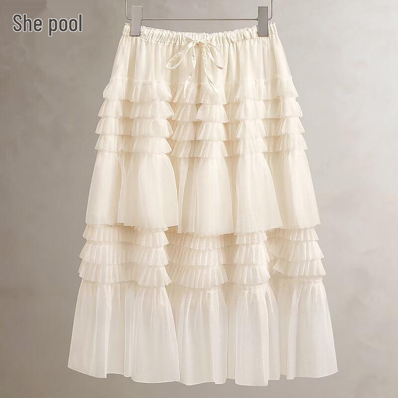 Women s Chic High-Waist Layered Mesh A-Line Midi Skirt One Size