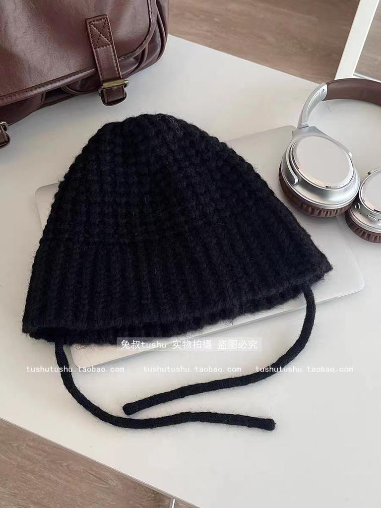 New solid color wool knitted hat women's autumn and winter big head circumference showing face small ear protectors warm bucket hat cold hat lace up