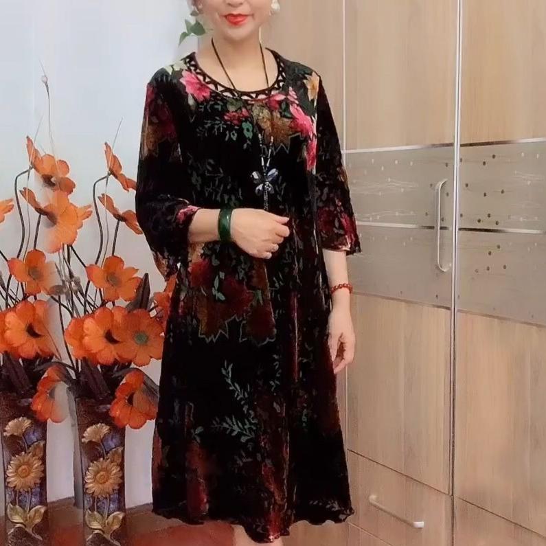 Autumn Vintage Women's Printed Plus-Size Velvet Dress Loose-Fit Round Neck Velvet Floral Casual Dress