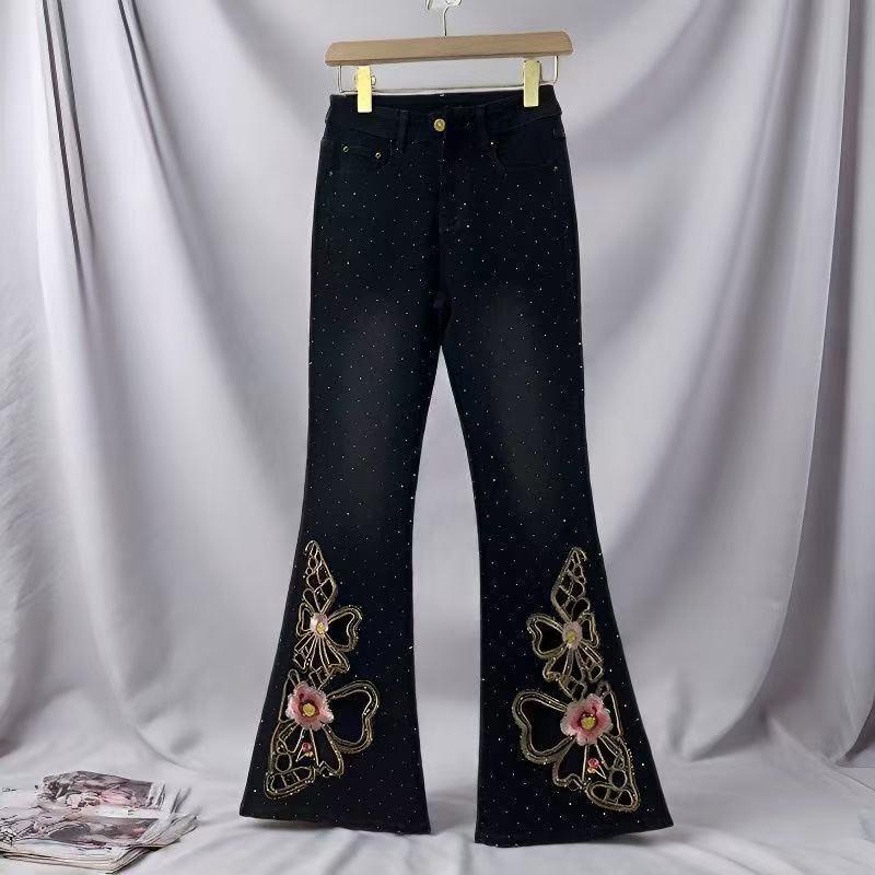 Womens High-Waisted Embroidered Butterfly Rhinestone Denim Pants Vintage Slim Fit Flared Jeans