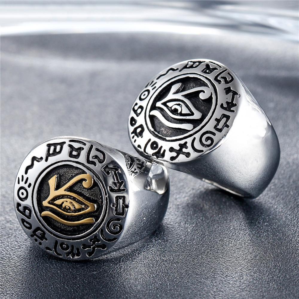 Vintage Stainless Steel Egyptian Men's Ring Eye Of Horus Punk Biker Ancient Egyptian Rune Ring For Men's Fashion Jewelry