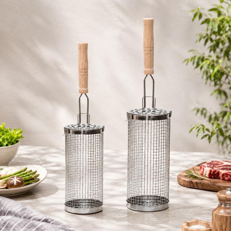 Round Barbecue Grill Basket Set Stainless Steel Rolling Steel Mesh Tube Barbecue Grill with Handle Essential for Outdoor Camping