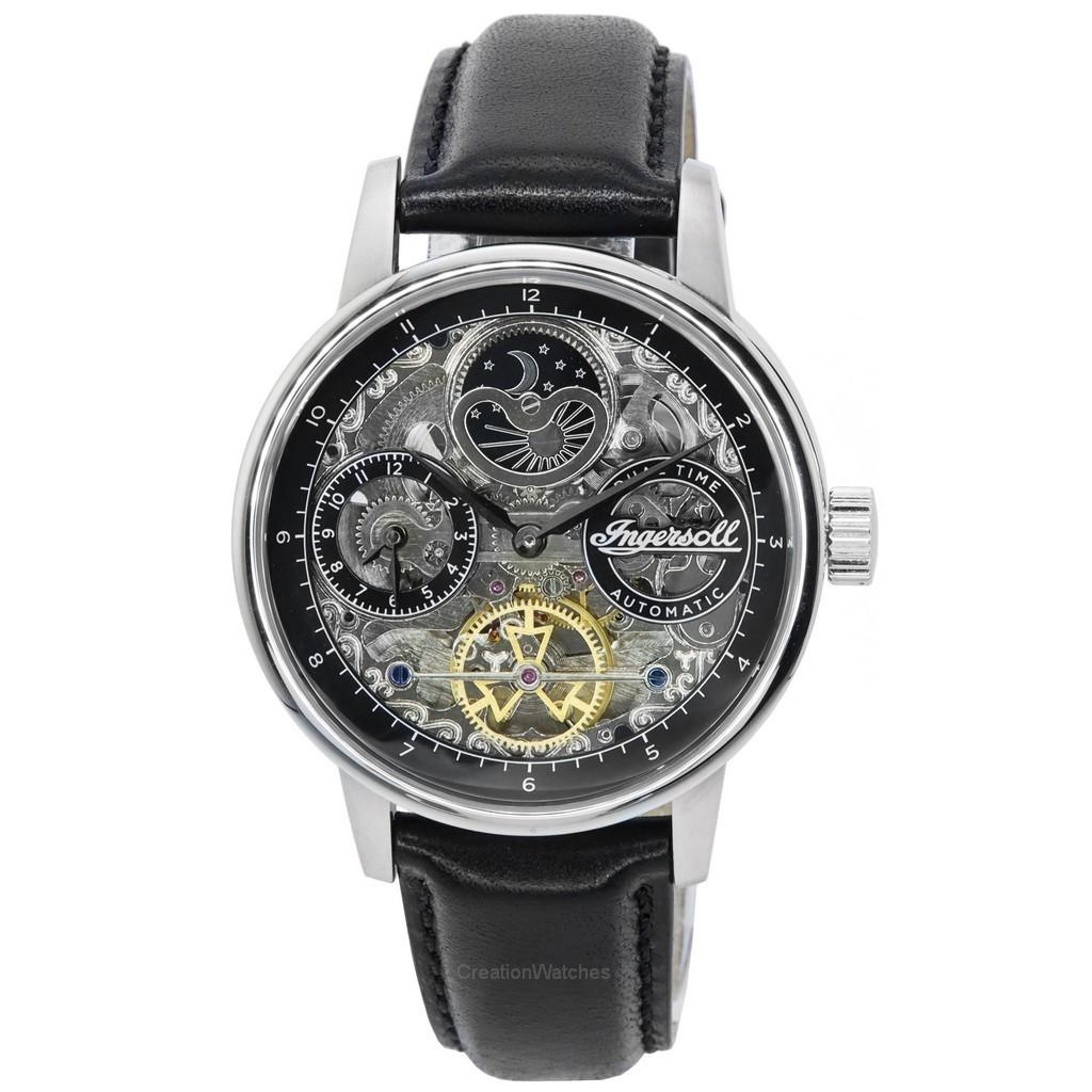 Ingersoll The Jazz Sun and Moon Phase Leather Strap Skeleton Silver Dial Automatic I07701 Mens Watch