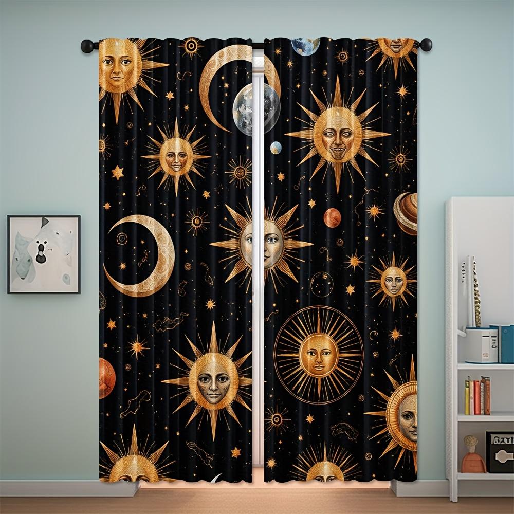2pcs Celestial Sun Moon Stars Curtains - Semi-Sheer Polyester & Golden Space-Themed Window Drapes with Rod Pocket   Modern & Clas