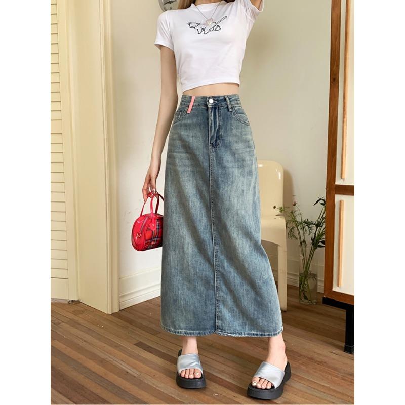 Spring and Summer Women's High-waisted Denim Half-body Skirt Tassel Split Middle Skirt A-line Skirt