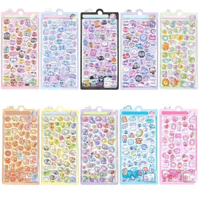 

3D Pukupuku Stickers, 10 Sheets, Approximately 500 Pieces, Cute and Stylish, for Planners and Diaries, Sparkly, Plump, Reward, Decorative Stickers,
