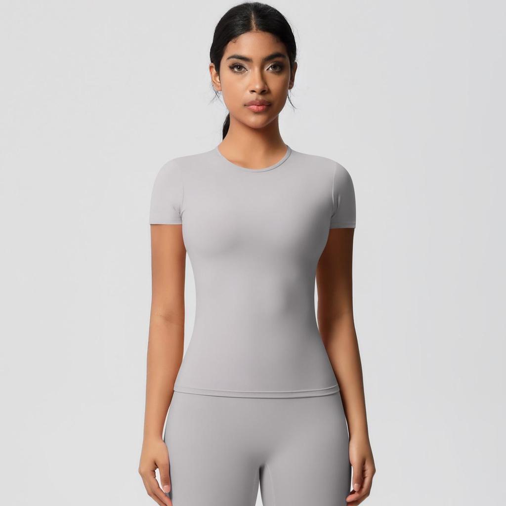 Gebürstetes Nude Slim-Fit Rundhals Yoga-Top - Kurzärmlig, Atmungsaktiv, Vielseitige Sportbekleidung