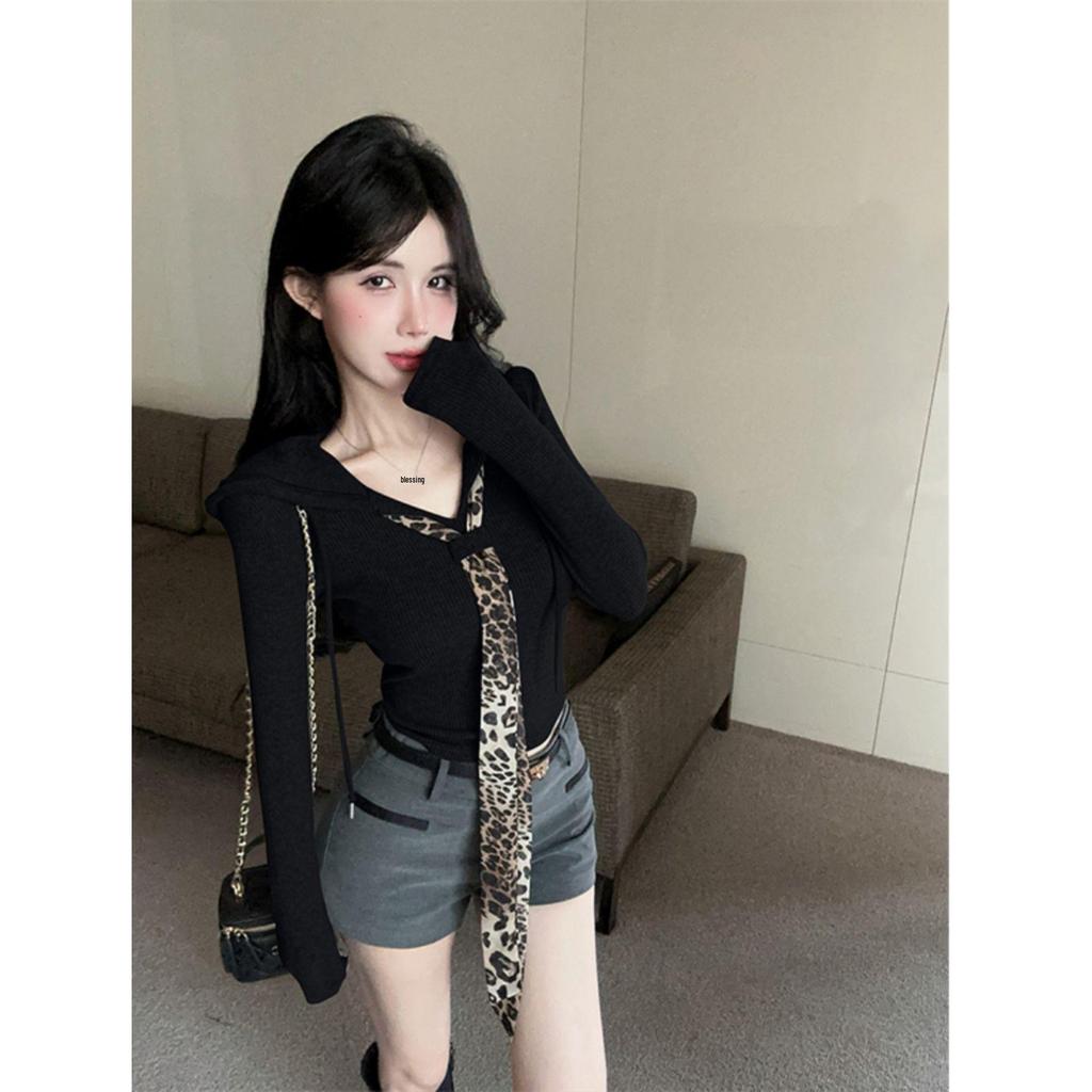 V-neck Leopard Print Tie Patchwork Long-sleeve Top for Women - Autumn Hooded Collarbone Style