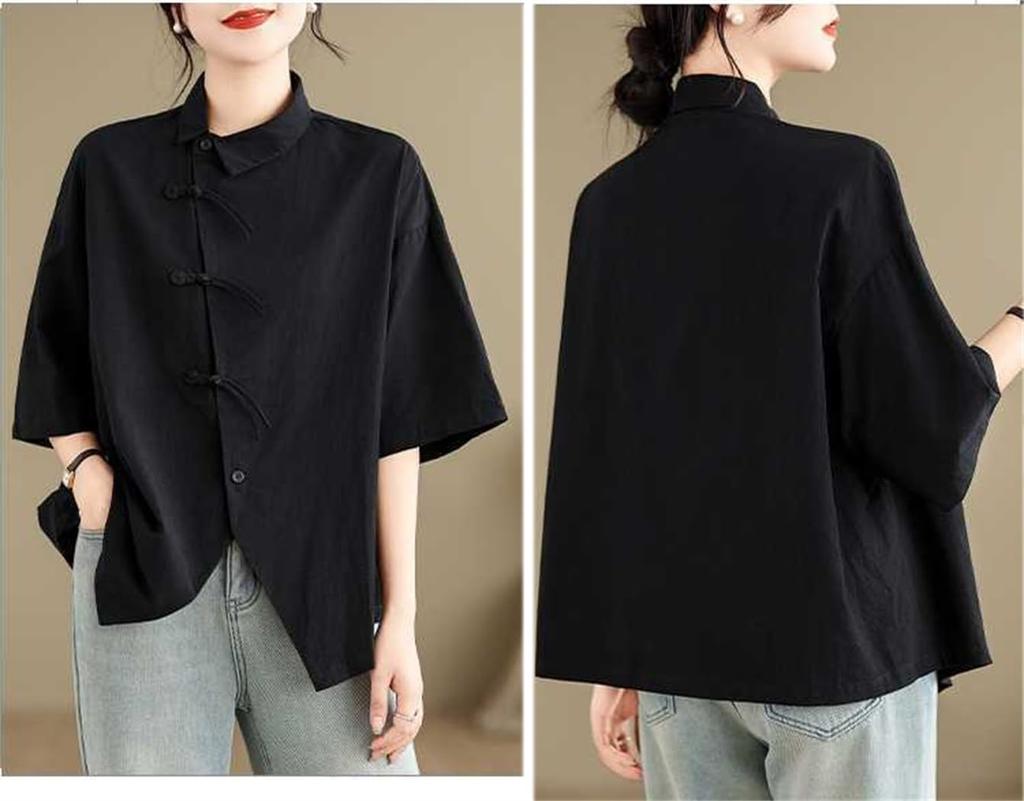 Short Chinese Summer Short Chinese Shirt Chinese Body Summer [Moufokyou] Women's Shirt, Sleeve, Button, Top, Sleeve, Style, Blouse, Commuting, Casual,