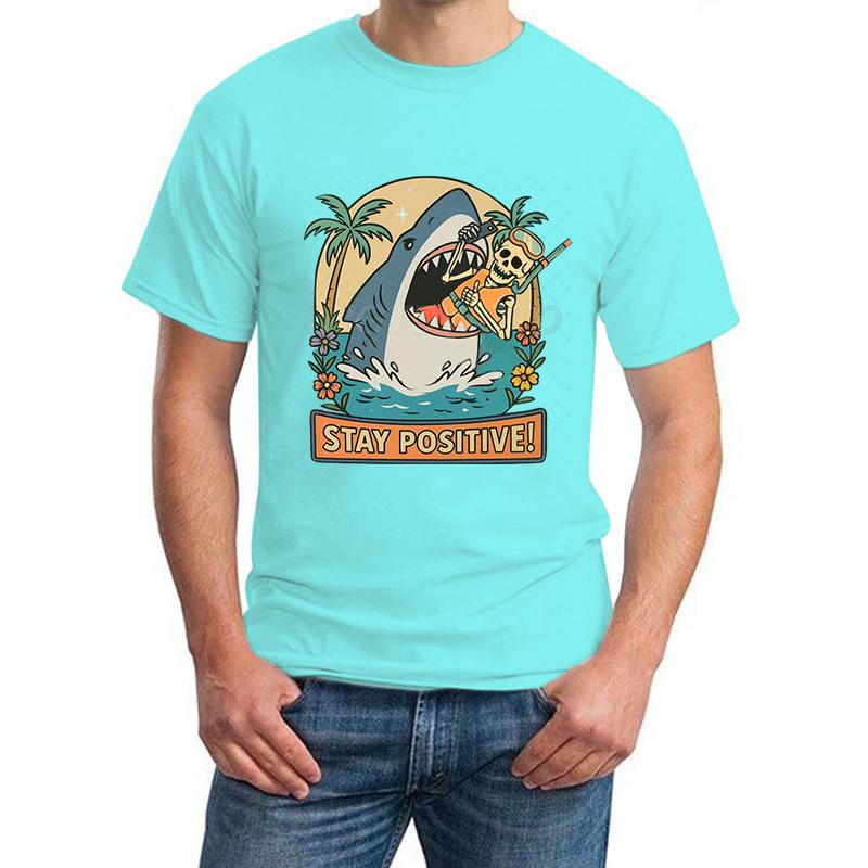 Stay Positive Shark Skeleton Funny T Shirts for Men New Design Fashion Summer Tops Positive Vibes Funny Skeleton T-shirt Women