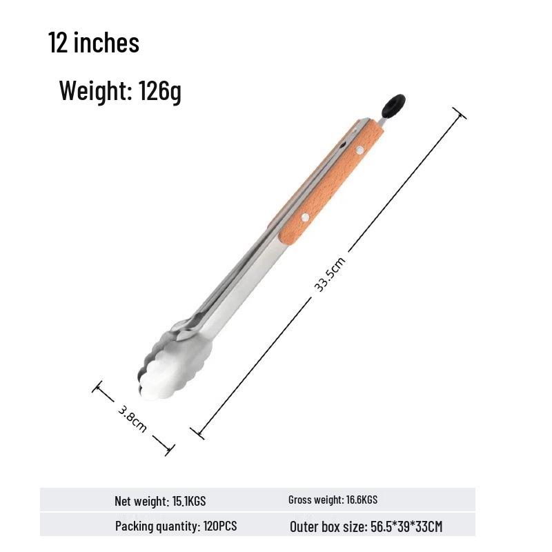 

Щипці для барбекю з нержавіючої сталі та силікону з ручкою з бука - Жаростійкі та захищені від опіків хлібні кліпси.