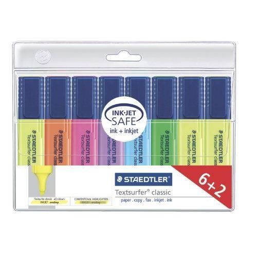 Staedtler Textsurfer classic 364 Pack de 8 Surligneurs pointe biseau 1 à 5 mm 6 + 2 offerts Couleurs Assorties
