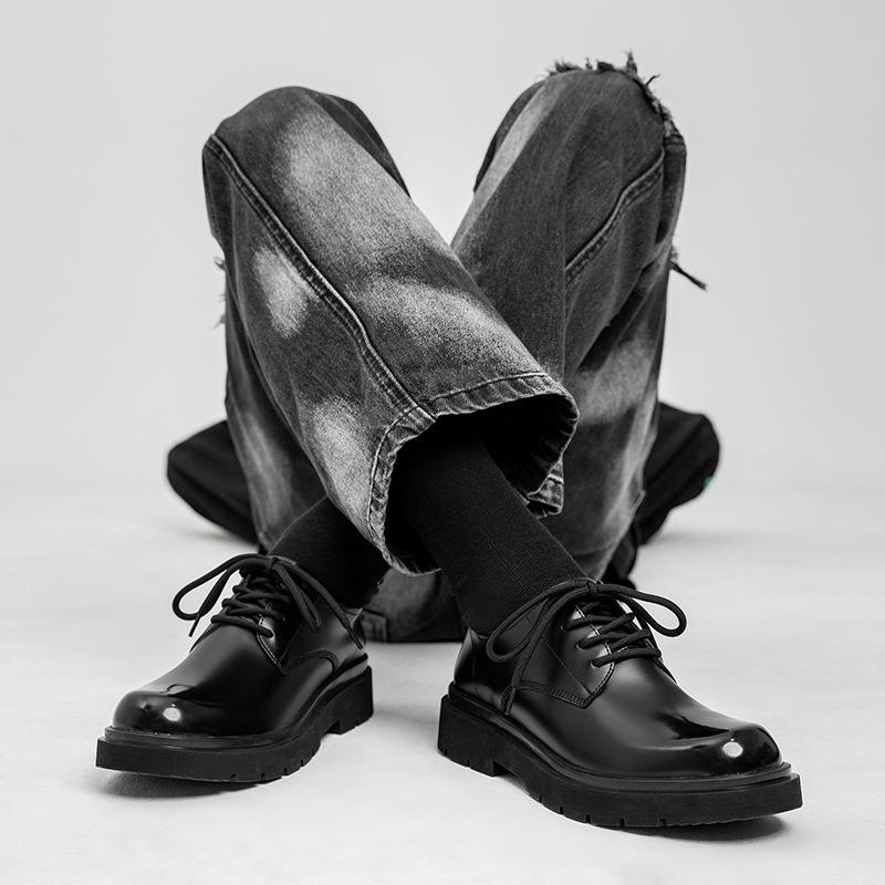 Autumn Derby Shoes Men's Low Top Martin Boots Round Head Big Head Shoes Black Tooling Shoes Platform Casual Leather Shoes