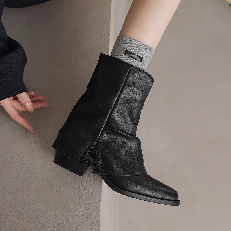 2025 Autumn and Winter New Pointed Western Pile Boots Small High Heel Short Boots Trouser Boots Thick Heel Martin Boots