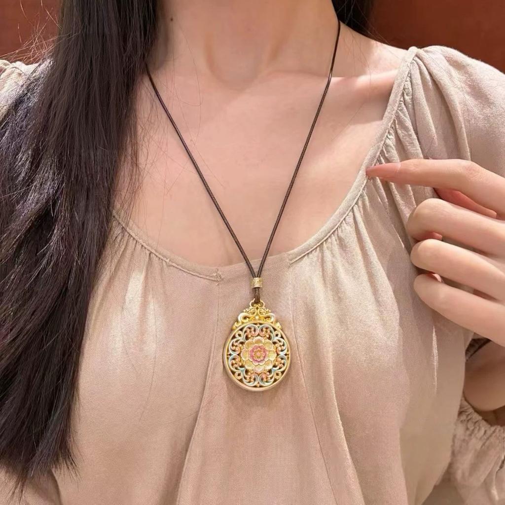 Peace Pendant with Gold-Plated Enamel Peony Flower and Six-Character Mantra, Palace-Style High-End Sweater Chain Long Necklace for Women
