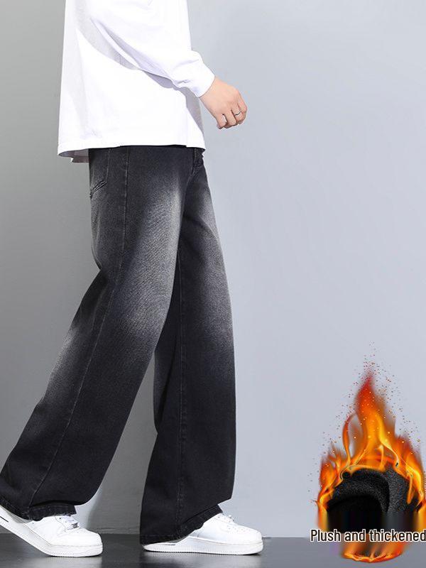 Herren Fleecegefütterte Weitbeinjeans - Unifarben, Lockere Passform, Herbst/Winter Trendiger High Street Stil