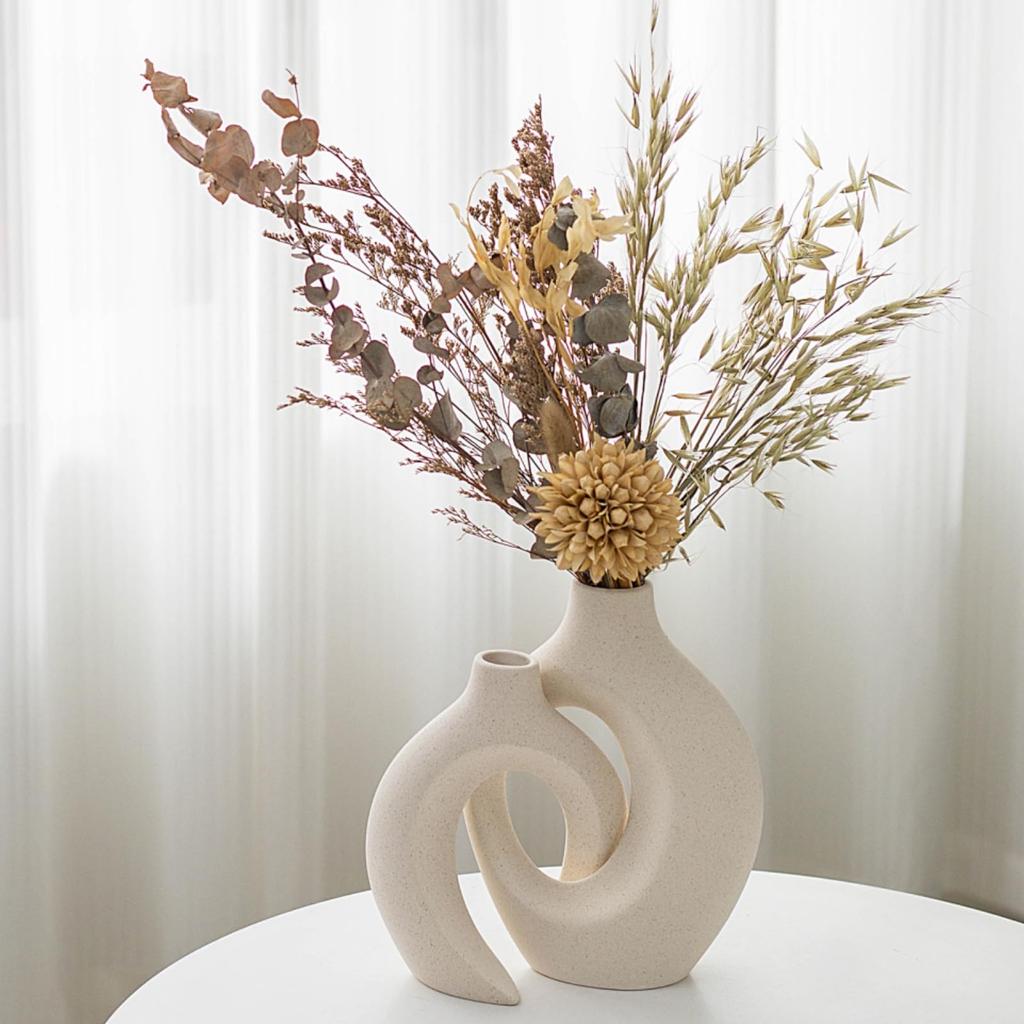 Levvohd Stylish Vase for Home Decor, Ceramic Base, Hollow Ceramic Single Flower Vase, Set of 2 (Beige Medium)