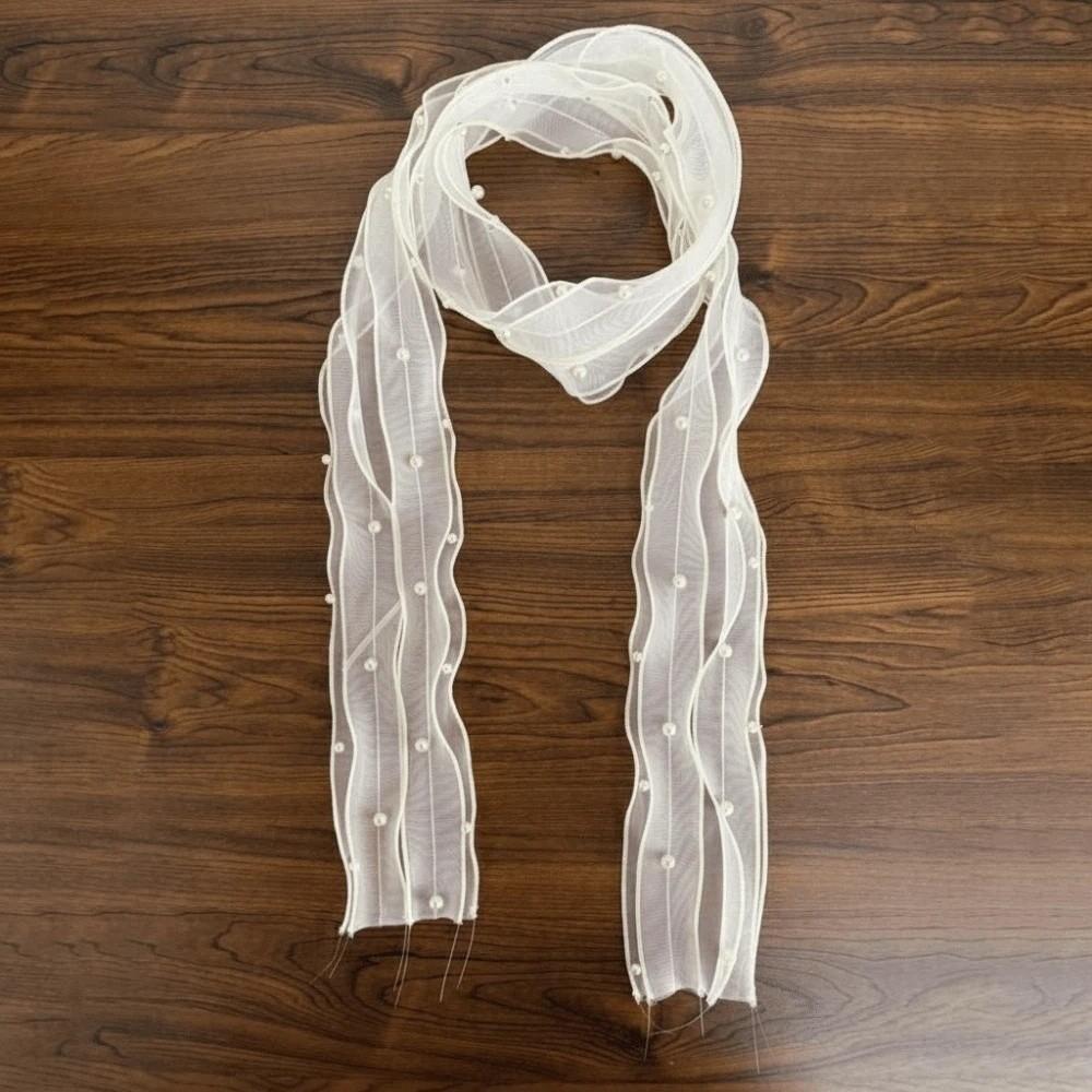 

Breathable Pearls Lace Long Scarf Lightweight Large Wave Flower Shape Thin Ribbon Waistband White Pastoral Style