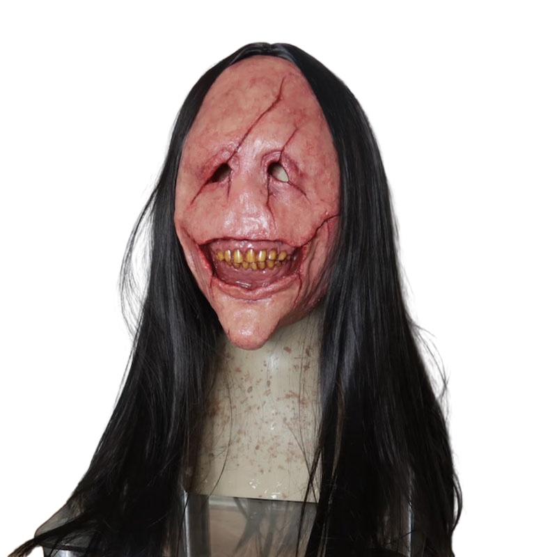 Halloween Horror Demon Mask With Long Hair Red-faced Devil Mask With Exposed Teeth