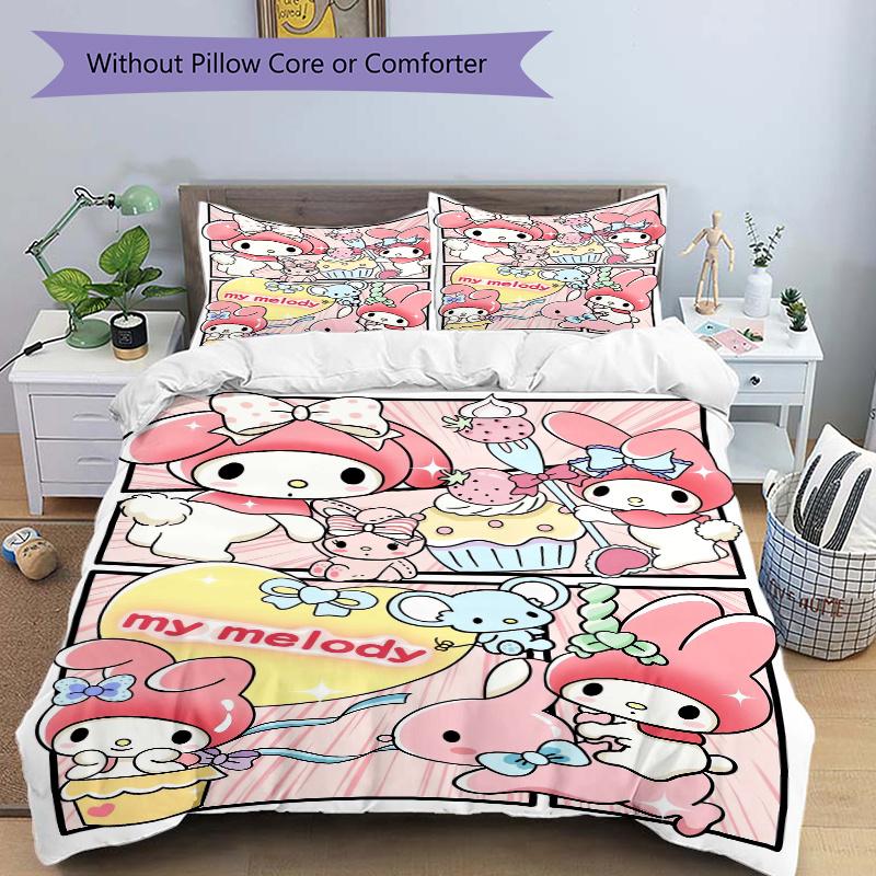 3pcs Pink My Melody Printed Quilt Set Soft and Comfortable Quilt Cover for Bedroom, Guest Room Bedding Set W073