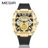 Megir Quartz Watch for Men Waterproof Silicone Strap Fashion Tonneau Case Chronograph Sport Wristwatch with Date Luminous Hands