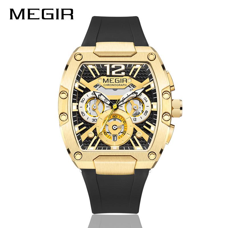 Megir Quartz Watch for Men Waterproof Silicone Strap Fashion Tonneau Case Chronograph Sport Wristwatch with Date Luminous Hands