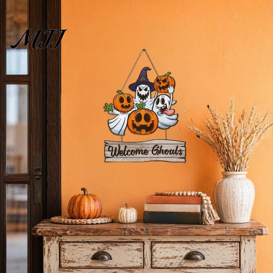 Thick Wood Halloween Plaque Happy Door Sign for Front Door, Wooden Ghost Pumpkin Hanging Hanger Plaque, Spooky Welcome Wreath Tree, Wall, Party