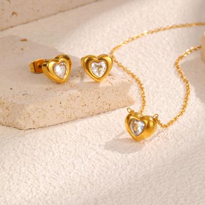 Wind 18K Gold Stainless Steel Love Inlaid Pink Zircon Pendant Necklace Earrings Niche Jewelry