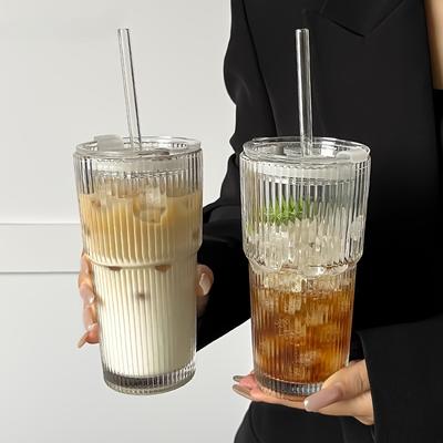 Taza de Café de Vidrio de 600 ml con Tapa y Pajita, Vaso de Vidrio Reutilizable Aislado Multiusos, Lavar a Mano Solamente, Ideal para Hogar, Oficina, Viajes - 1 Unidad
