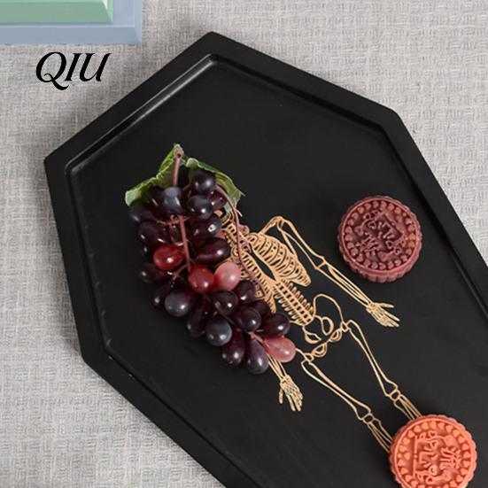 Waterproof Bathroom Counter Organizer Halloween Gothic Serving Tray with Engraved Skeleton, Wooden Charcuterie Board, Casket Spooky Party Snack Shape
