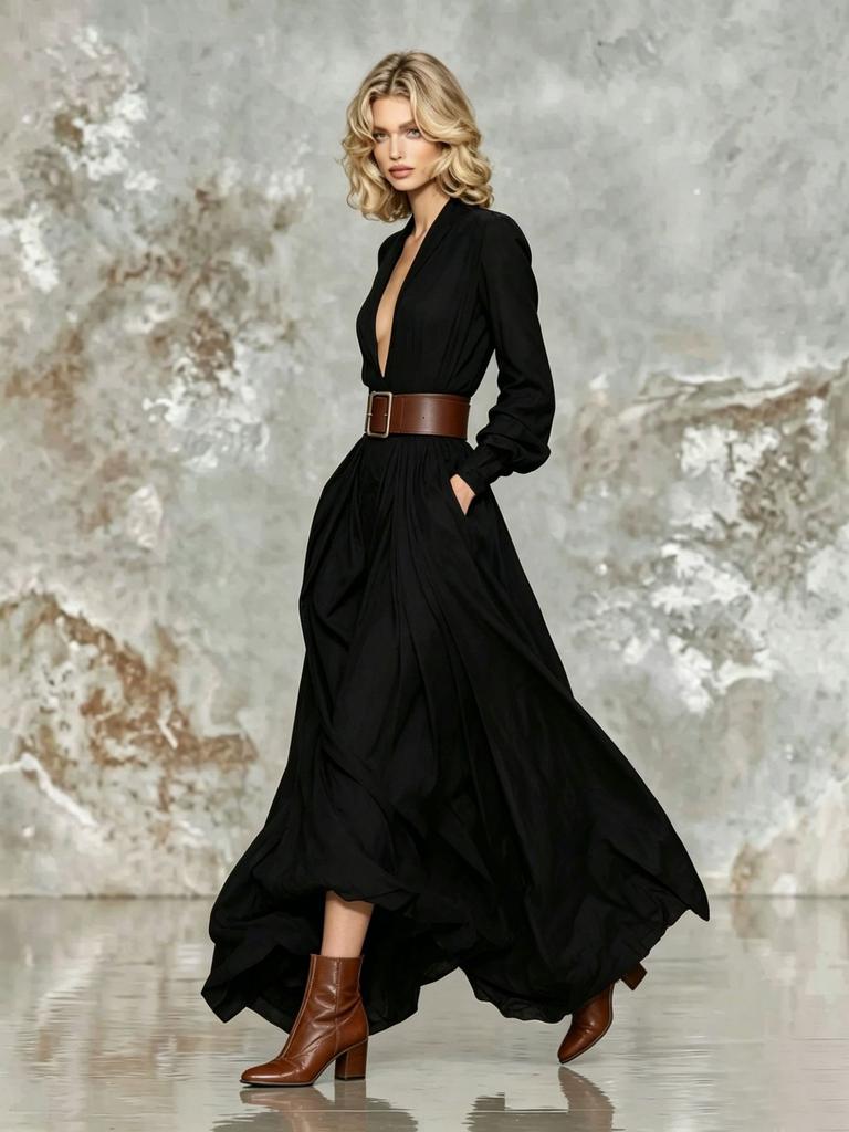 Women Deep V Neck Long Sleeve Belted Ruched High Low Maxi Dress Solid Color Casual Dress