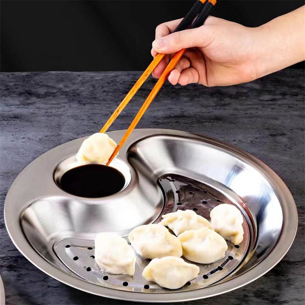 1 st rostfritt stål dumplingtallrik förtjockad och dränerad Ångad dumplingtallrik med dippsåsbricka flerfunktionell vegeta