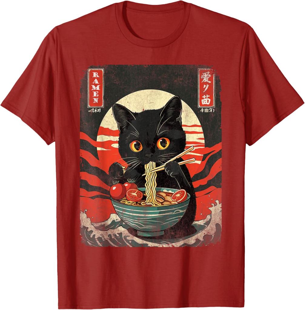 Black Cat Eating Ramen Japanese Style Graphic Tee Men Casual Short Sleeve T-Shirt