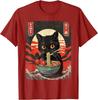 Black Cat Eating Ramen Japanese Style Graphic Tee Men Casual Short Sleeve T-Shirt