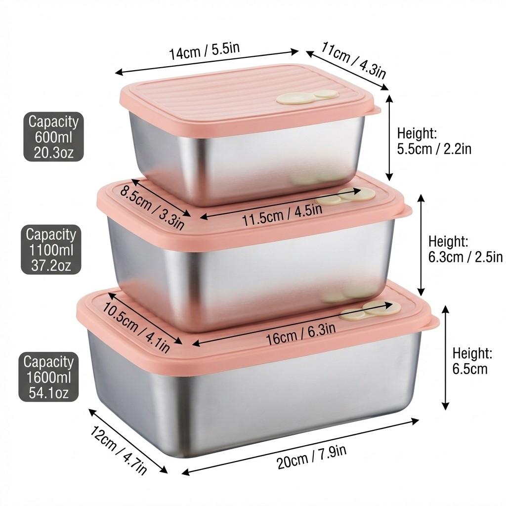 Stackable Fruit,Vegetable,Meat Food Container Durable Sealed 304 Stainless Steel Fresh-keeping Box Refrigerator&Microwave Safe
