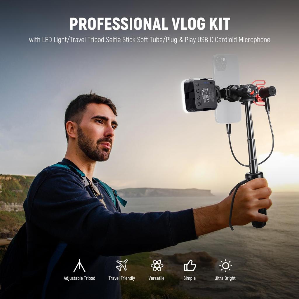 NEEWER Smartphone Video Kit with LED Video Soft Selfie and USB C Cardioid Travel Smartphone Video Rig for and YouTube Compatible with iPhone 16 Pro