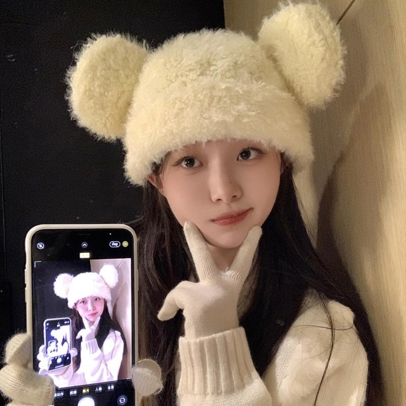 Furry Cartoon Bear Hat with Lovely Ear for Outdoor Sports Furry Hat with Ear Oversized Headgear Hat for Winter
