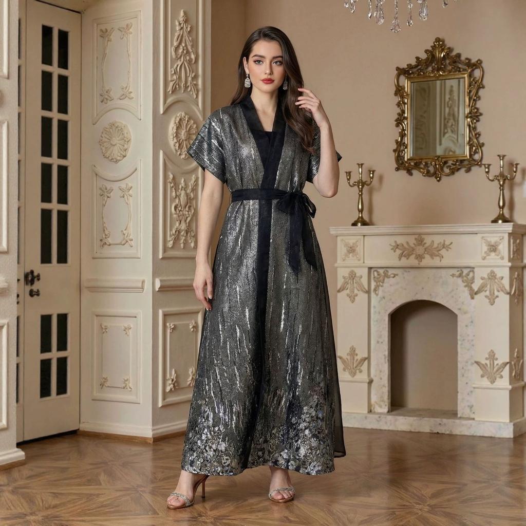 Elegant Hot Stamping Texture Abaya Two Piece Set Color Block Spliced Lace-up Muslim Abaya Outfit Casual Loose Robe For Women