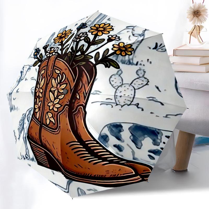 1pc Cowboy Boots Wildflowers Automatic Open/close Umbrella, 8-Rib sturdy structure, Portable Travel Umbrella, Parties, Everyday Use, 22