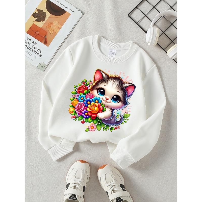 European sizes Girls Soft Crewneck Sweatshirt Cute Kitten Holding Colorful Flower Bouquet Print, Casual All-Match, Ideal Holiday Present