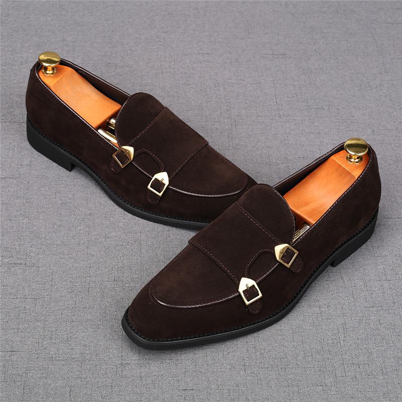Fashion Fashion New Men's Pointed Suede Leather Monk Strap Loafers Male Luxury Designer Homecoming Wedding Dress Prom Evening Shoes