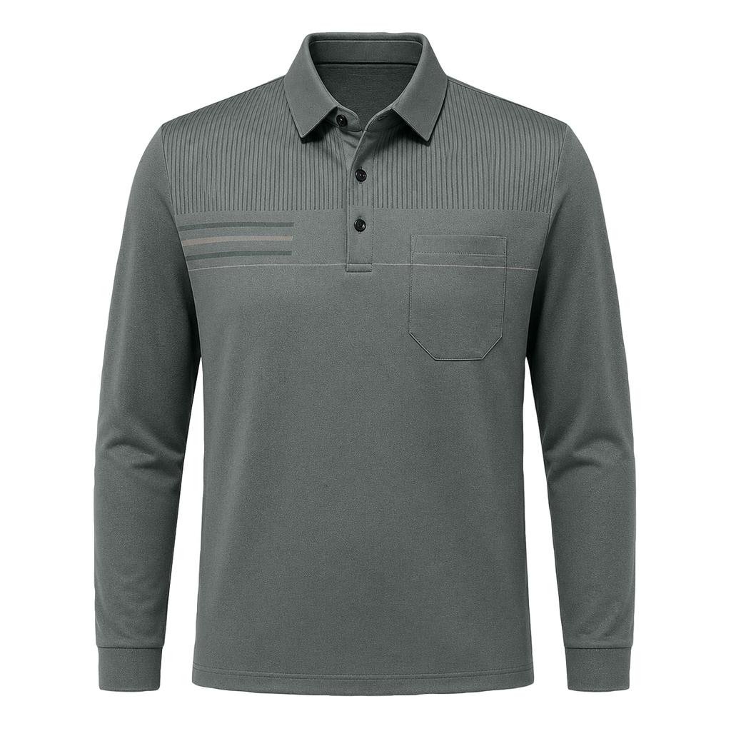 Men's Casual Loose Fit Long Sleeve Polo Shirt Button Down Collar Pocket Design Textured Upper Front Panel Comfortable Fabric